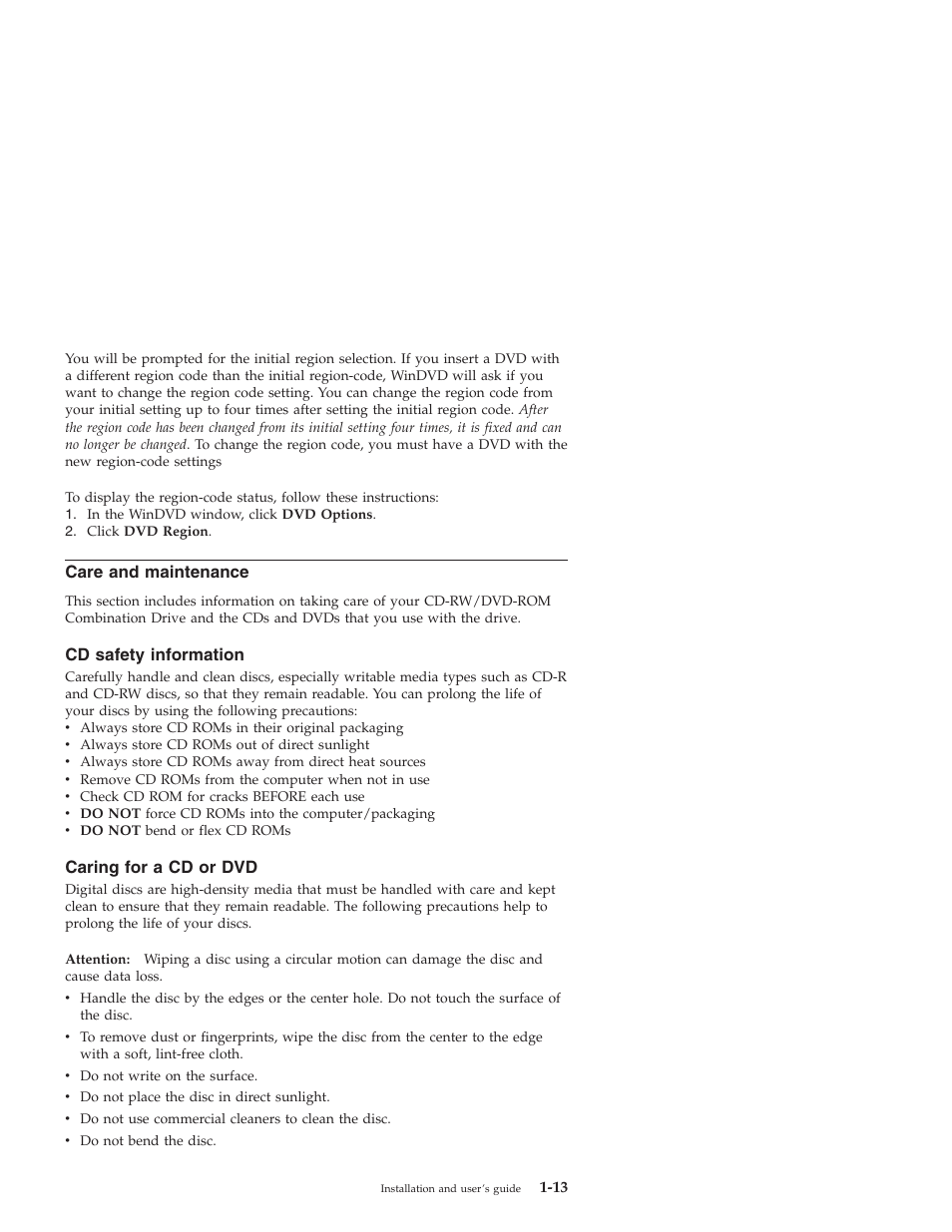 Care and maintenance, Cd safety information, Caring for a cd or dvd | IBM 22P7035 User Manual | Page 23 / 54