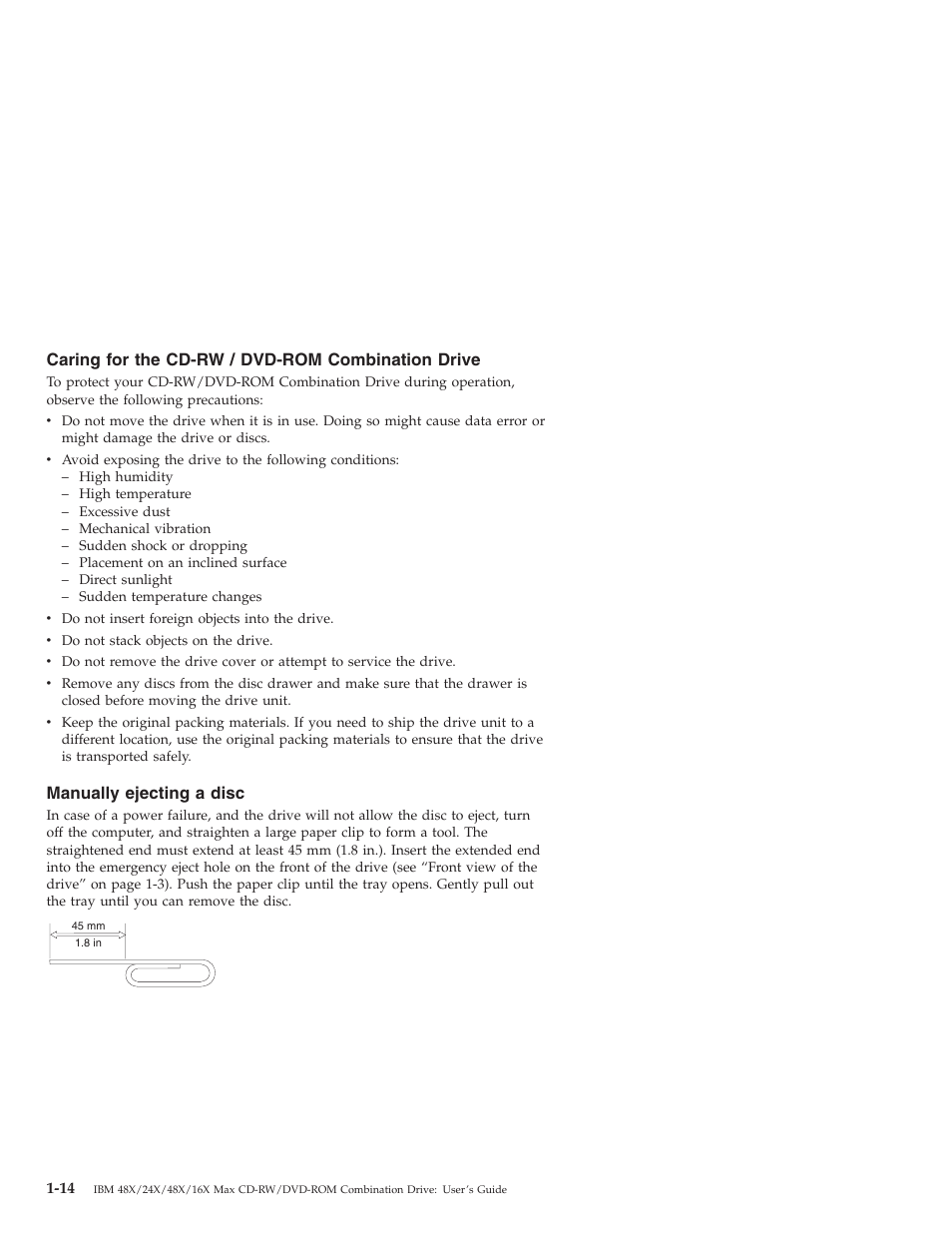 Caring for the cd-rw / dvd-rom combination drive, Manually ejecting a disc | IBM 22P7035 User Manual | Page 24 / 54