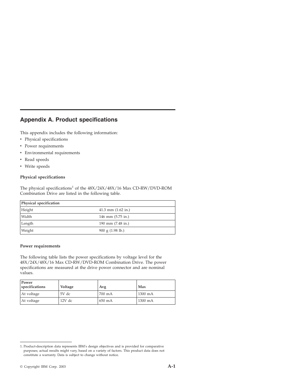 Appendix a. product specifications | IBM 22P7035 User Manual | Page 25 / 54