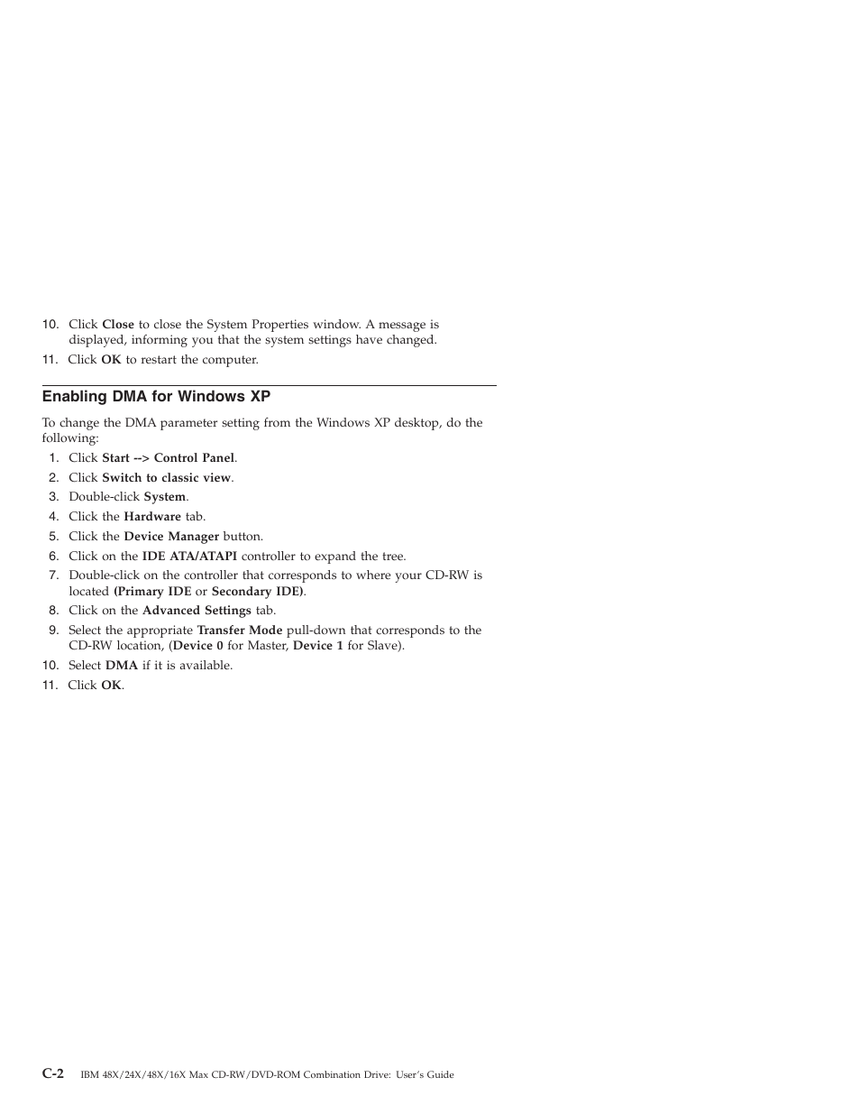 Enabling dma for windows xp | IBM 22P7035 User Manual | Page 32 / 54