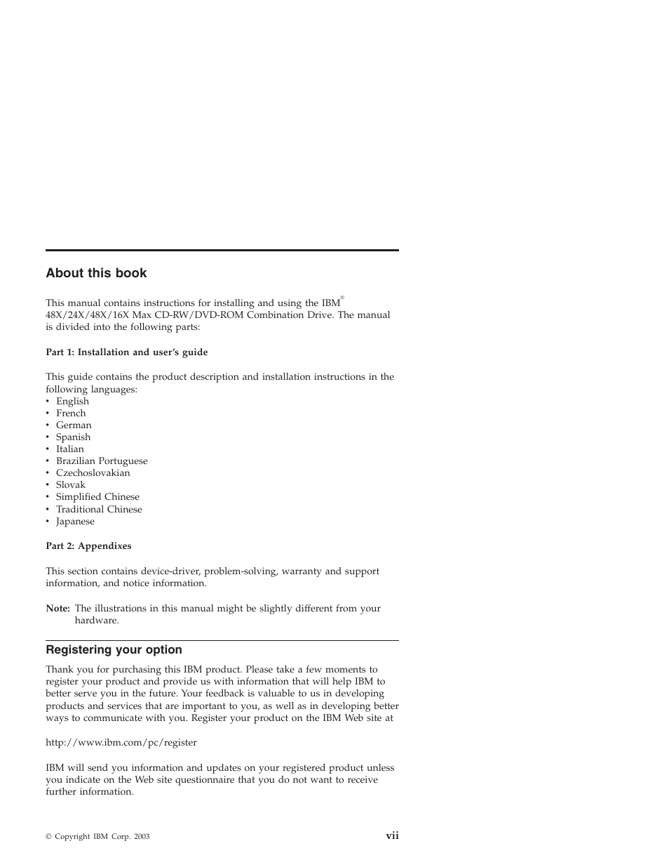 About this book, Registering your option | IBM 22P7035 User Manual | Page 9 / 54