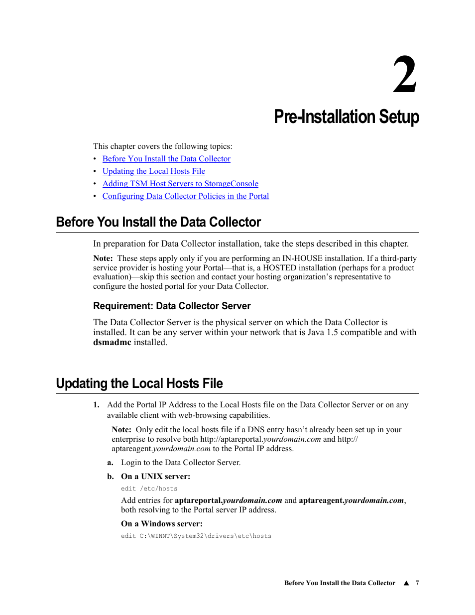 Pre-installation setup, Before you install the data collector, Requirement: data collector server | Updating the local hosts file, Chapter 2 | IBM APTARE 6.5 User Manual | Page 13 / 46