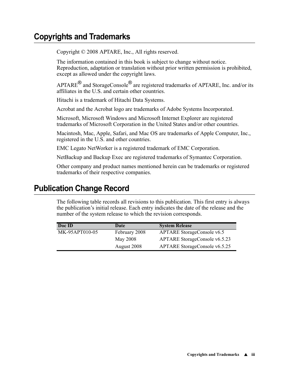 Copyrights and trademarks, Publication change record | IBM APTARE 6.5 User Manual | Page 3 / 46