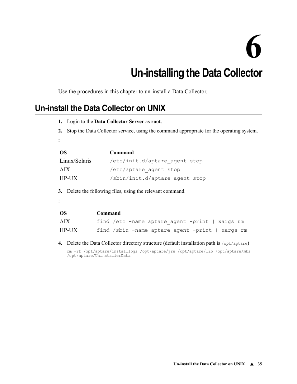 Un-installing the data collector, Un-install the data collector on unix, Chapter 6 | IBM APTARE 6.5 User Manual | Page 41 / 46