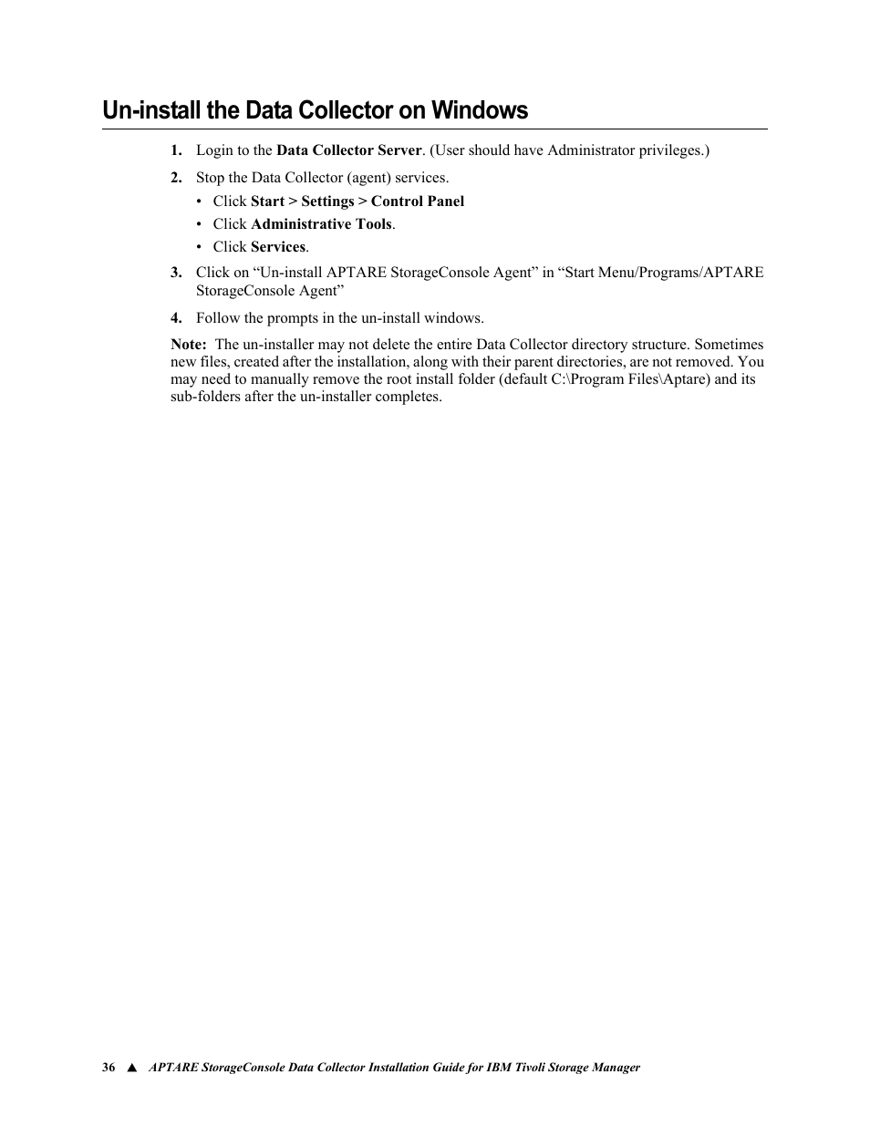 Un-install the data collector on windows | IBM APTARE 6.5 User Manual | Page 42 / 46