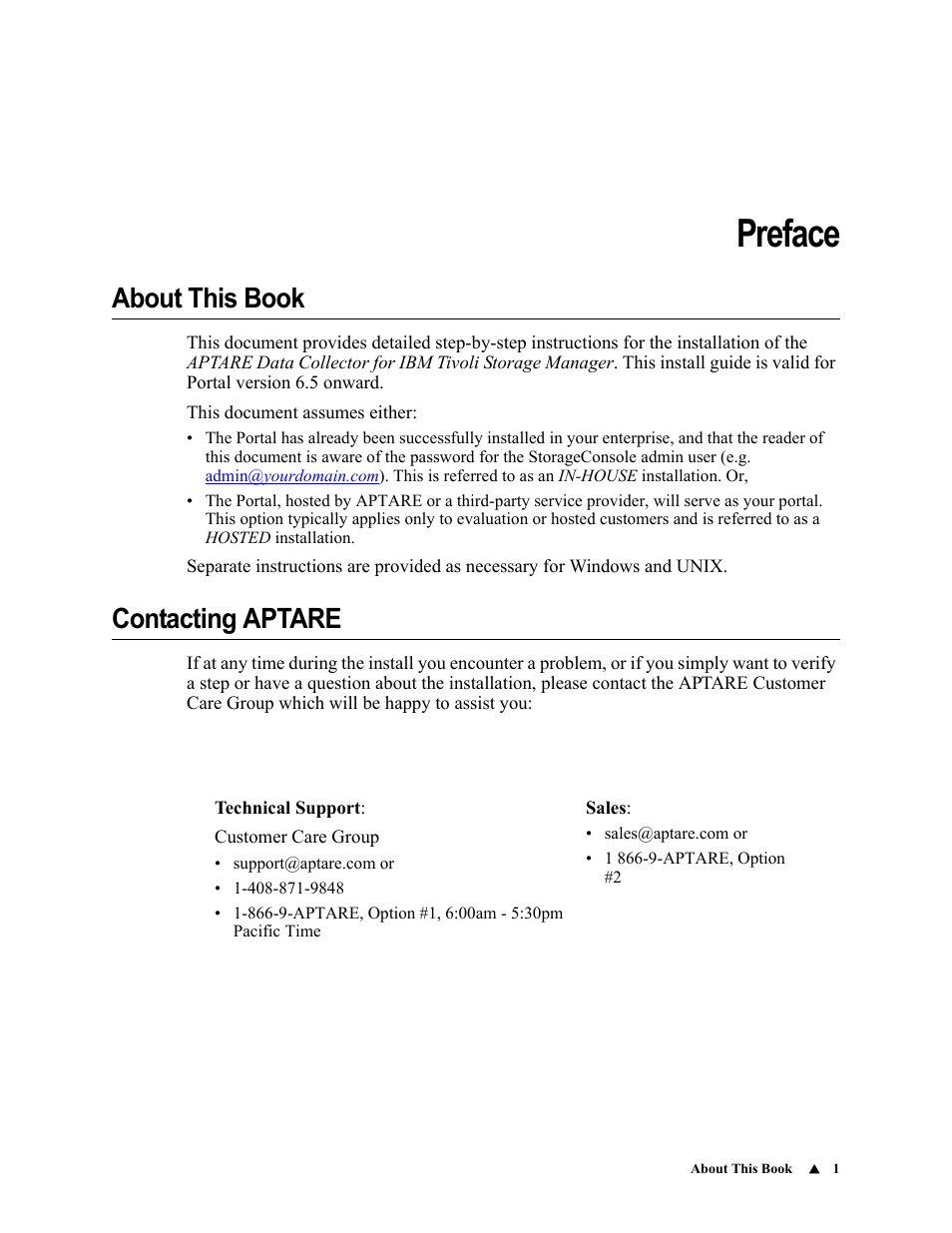 Preface, About this book, Contacting aptare | About this book contacting aptare | IBM APTARE 6.5 User Manual | Page 7 / 46