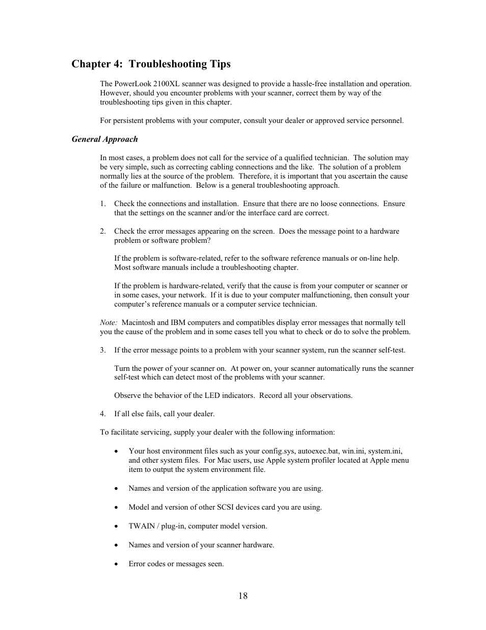 Chapter 4: troubleshooting tips, General approach | IBM PowerLook 2100XL User Manual | Page 18 / 26