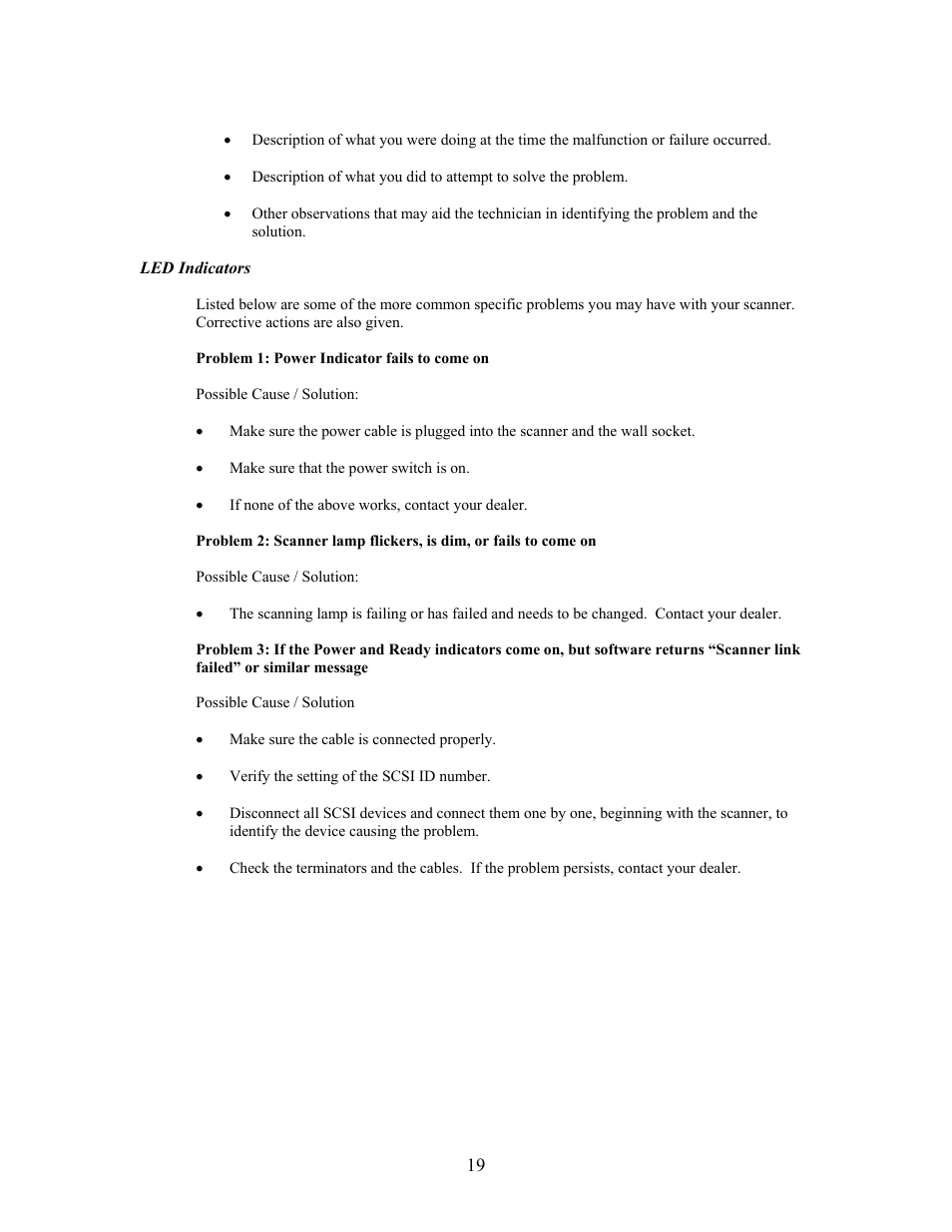 Led indicators, Problem 1: power indicator fails to come on | IBM PowerLook 2100XL User Manual | Page 19 / 26