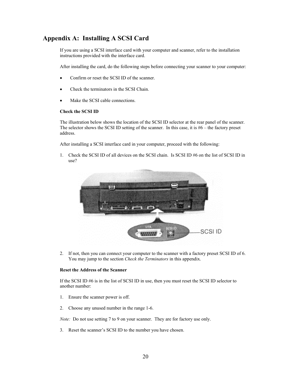 Appendix a: installing a scsi card, Check the scsi id, Reset the address of the scanner | IBM PowerLook 2100XL User Manual | Page 20 / 26