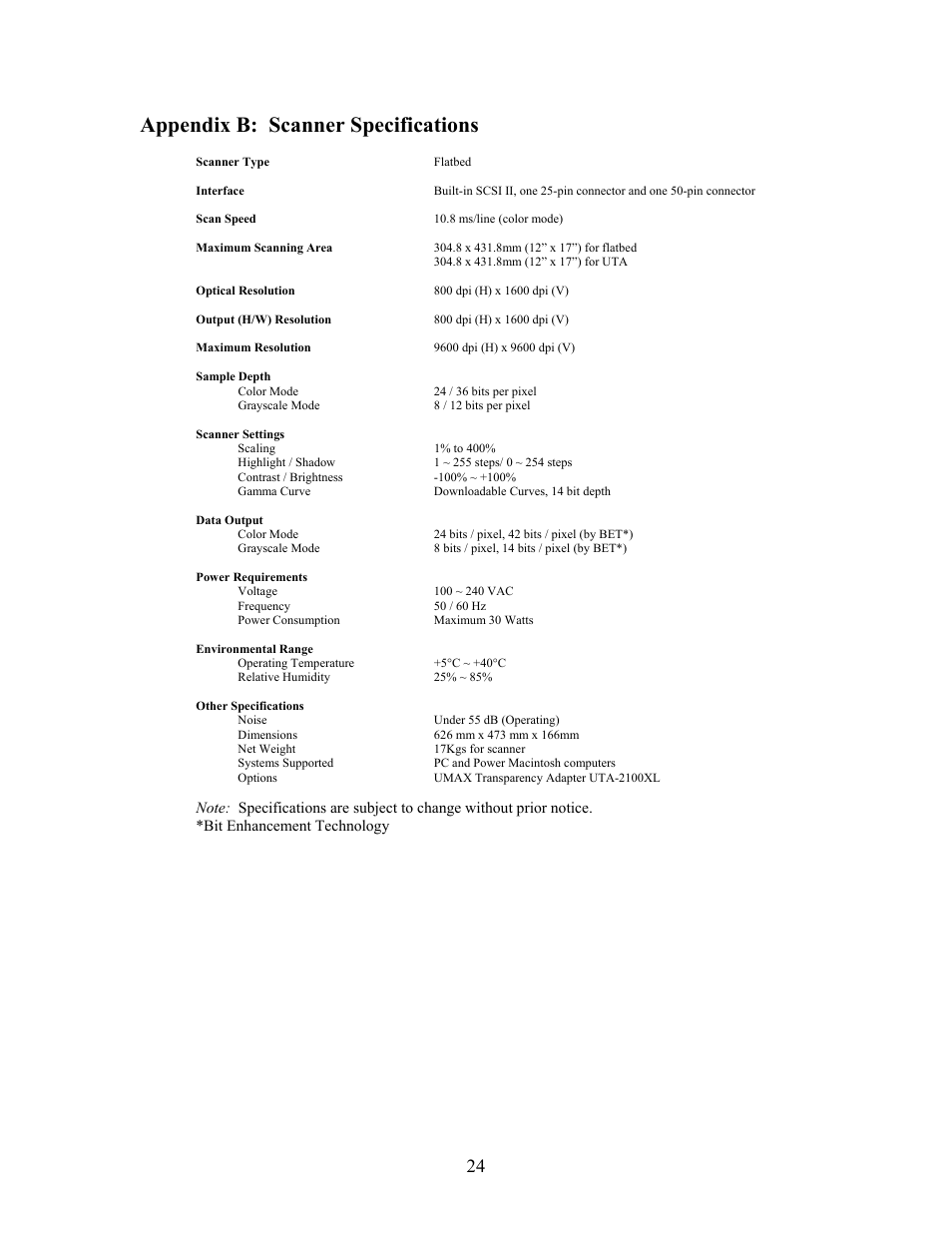 Appendix b: scanner specifications | IBM PowerLook 2100XL User Manual | Page 24 / 26