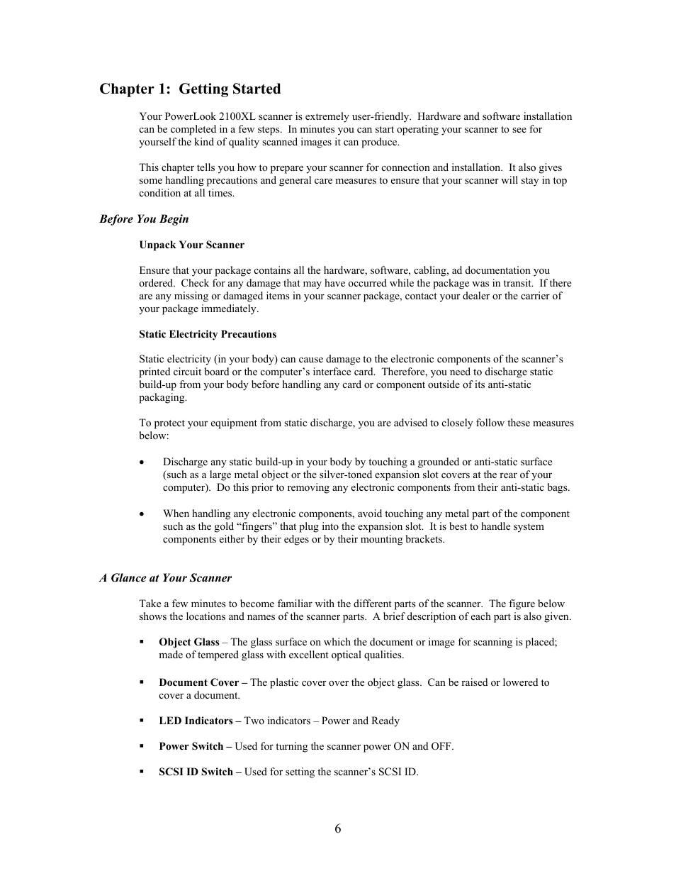 Chapter 1: getting started, Before you begin, Unpack your scanner | Static electricity precautions, A glance at your scanner | IBM PowerLook 2100XL User Manual | Page 6 / 26