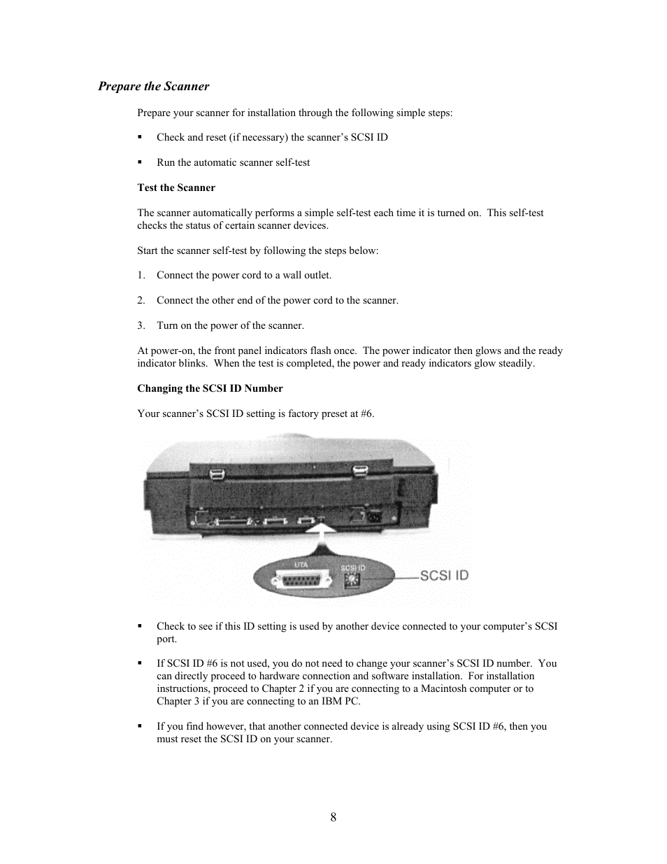 Prepare the scanner, Test the scanner, Changing the scsi id number | IBM PowerLook 2100XL User Manual | Page 8 / 26