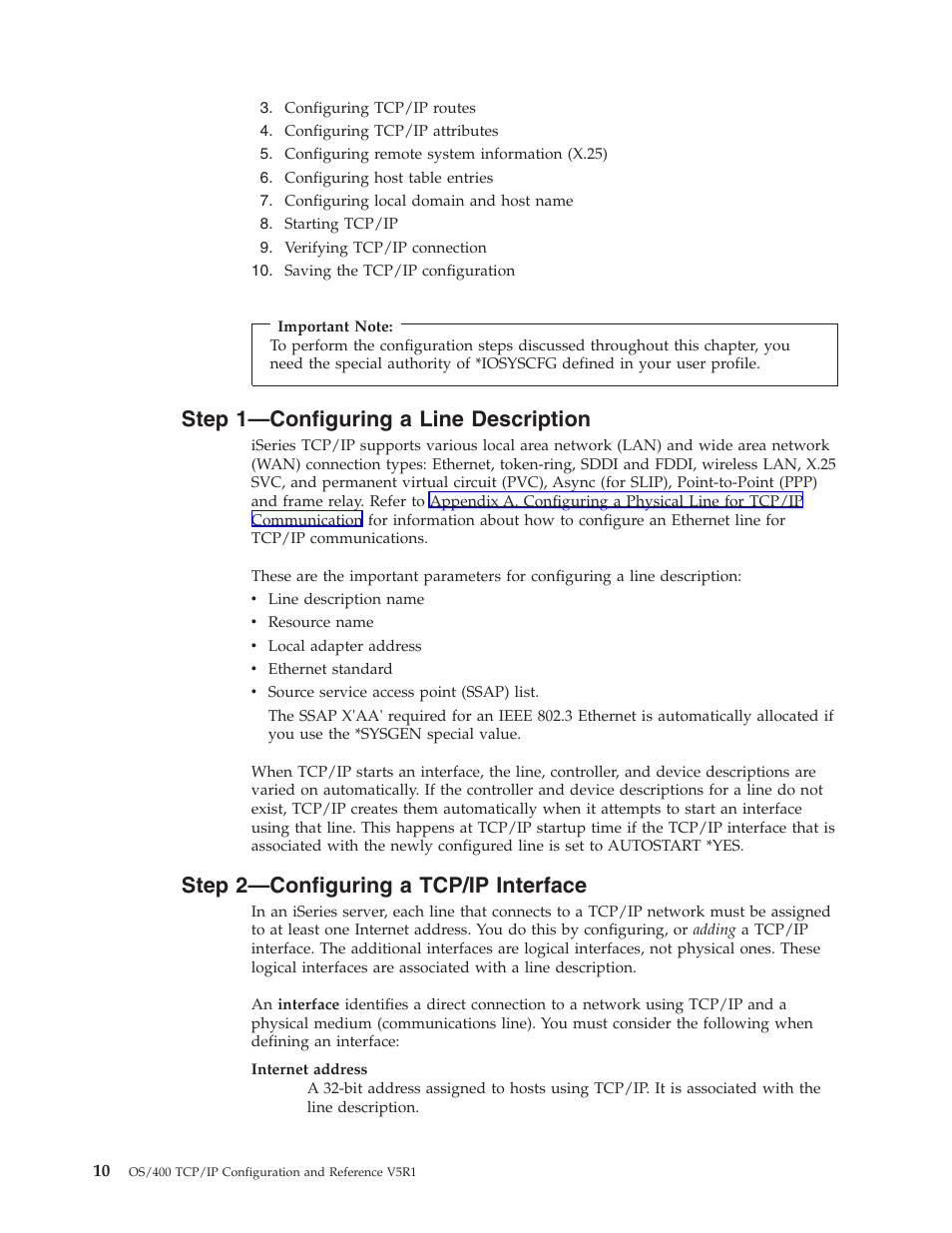 Step 1—configuring a line description, Step 2—configuring a tcp/ip interface | IBM SC41-5420-04 User Manual | Page 24 / 116