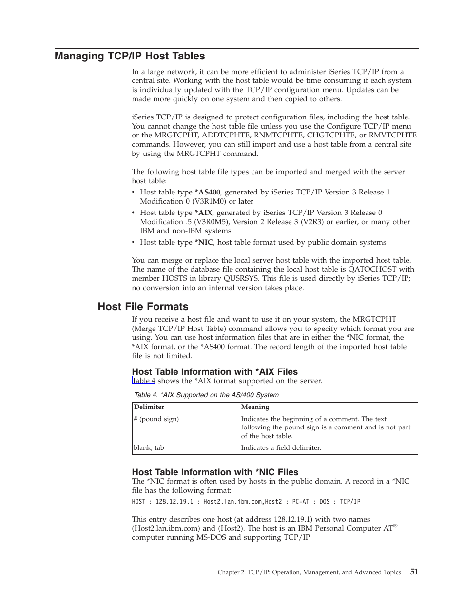 Managing tcp/ip host tables, Host file formats, Host table information with *aix files | Host table information with *nic files | IBM SC41-5420-04 User Manual | Page 65 / 116