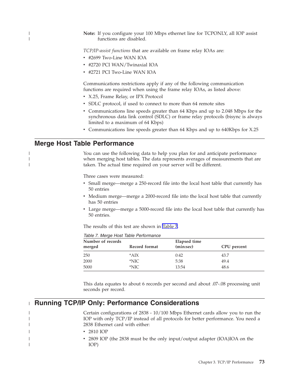 Merge host table performance, Running tcp/ip only: performance considerations, Running tcp/ip only: performance considerations 73 | IBM SC41-5420-04 User Manual | Page 87 / 116