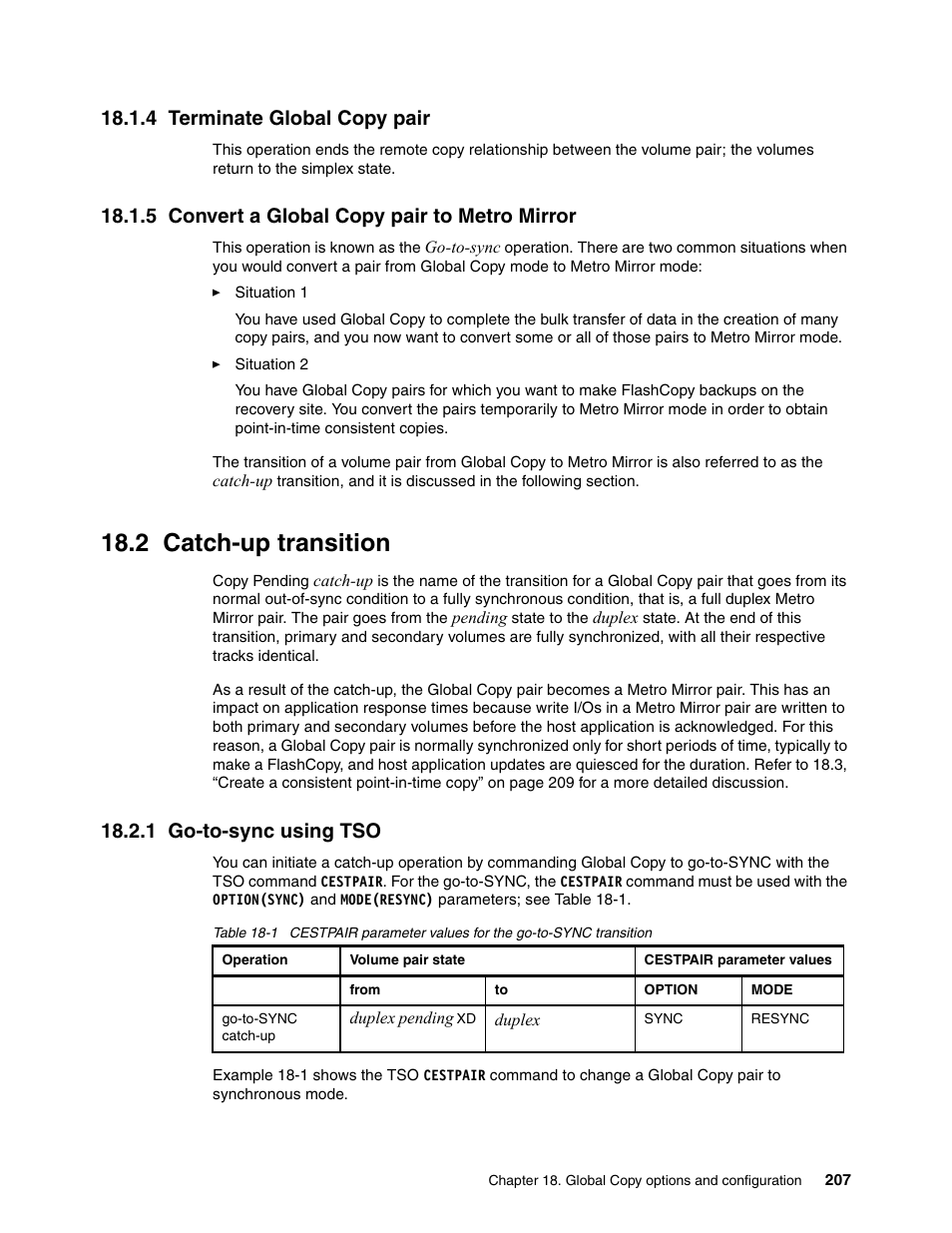 4 terminate global copy pair, 5 convert a global copy pair to metro mirror, 2 catch-up transition | 1 go-to-sync using tso | IBM DS6000 User Manual | Page 231 / 578