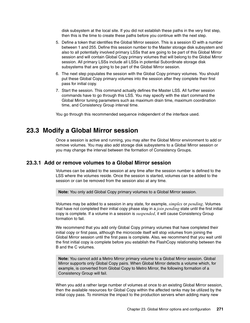 3 modify a global mirror session, 1 add or remove volumes to a global mirror session | IBM DS6000 User Manual | Page 295 / 578