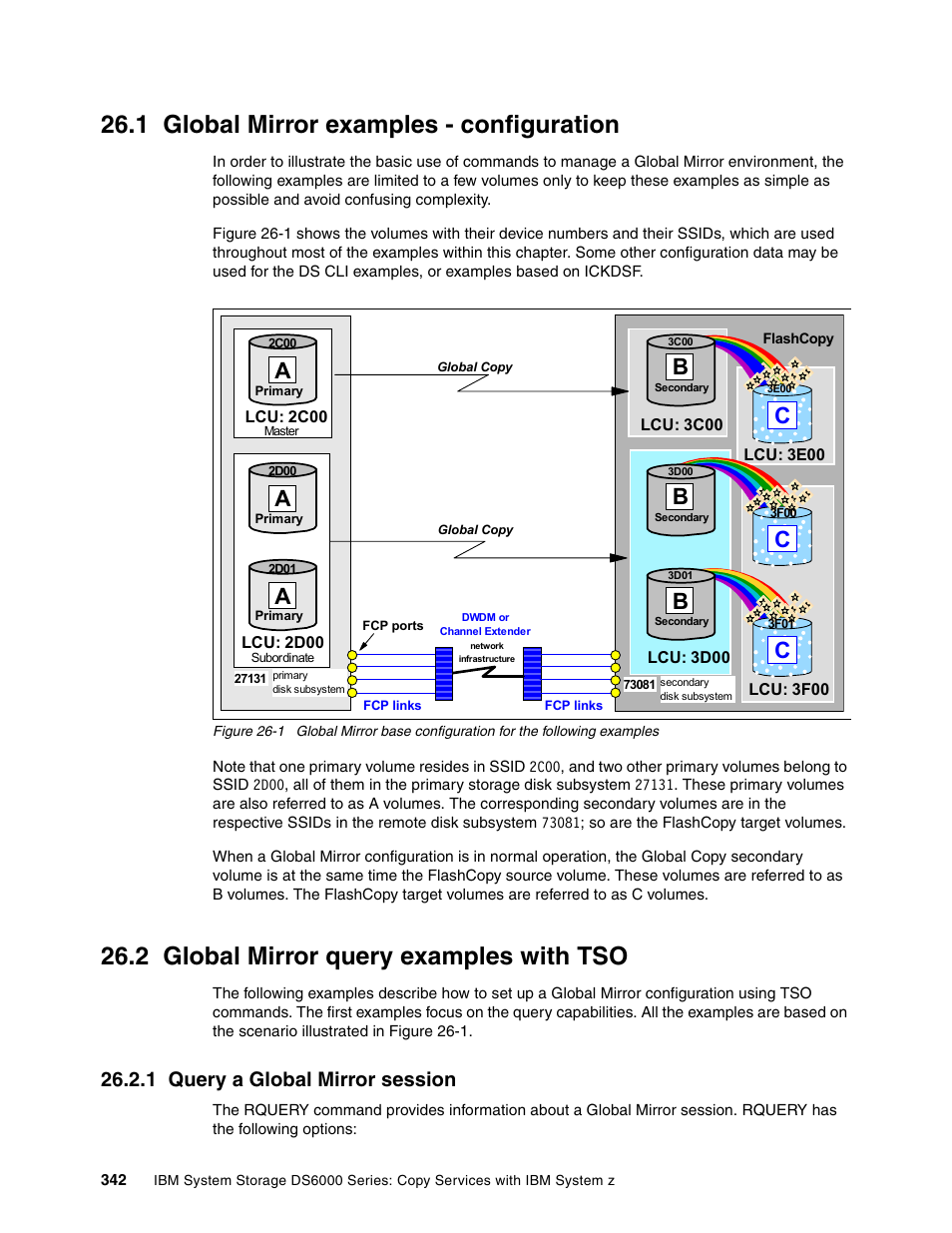 1 global mirror examples - configuration, 2 global mirror query examples with tso, 1 query a global mirror session | IBM DS6000 User Manual | Page 366 / 578