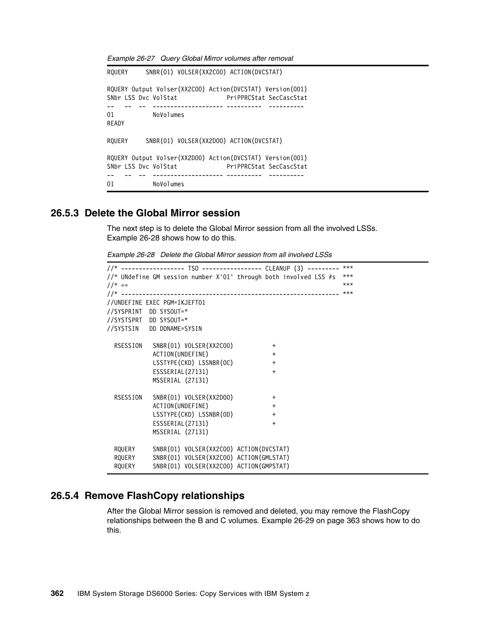 3 delete the global mirror session, 4 remove flashcopy relationships, Example 26-27 | IBM DS6000 User Manual | Page 386 / 578