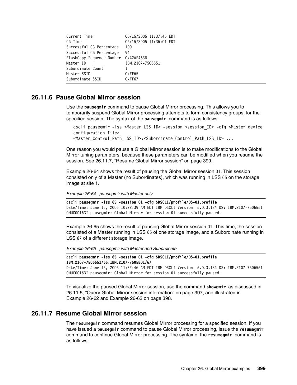 6 pause global mirror session, 7 resume global mirror session | IBM DS6000 User Manual | Page 423 / 578