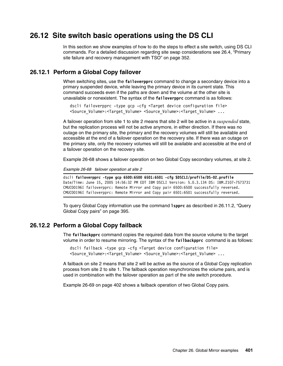 12 site switch basic operations using the ds cli, 1 perform a global copy failover, 2 perform a global copy failback | IBM DS6000 User Manual | Page 425 / 578