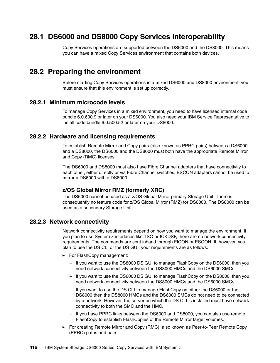 1 ds6000 and ds8000 copy services interoperability, 2 preparing the environment, 1 minimum microcode levels | 2 hardware and licensing requirements, 3 network connectivity, Ds6000 and ds8000 copy services interoperability, Preparing the environment | IBM DS6000 User Manual | Page 440 / 578