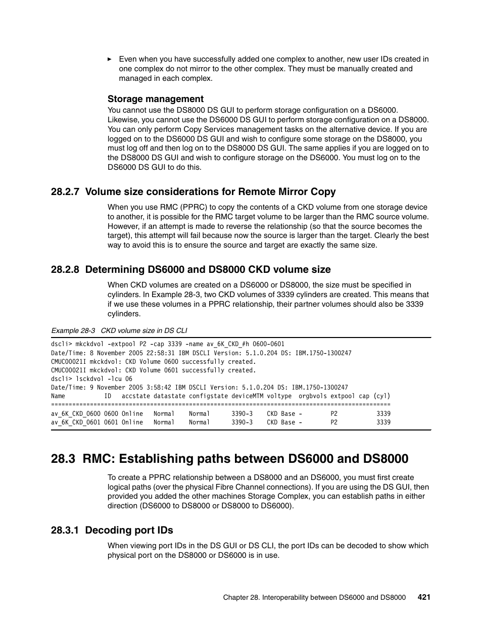 8 determining ds6000 and ds8000 ckd volume size, 1 decoding port ids, Rmc: establishing paths between ds6000 and ds8000 | IBM DS6000 User Manual | Page 445 / 578