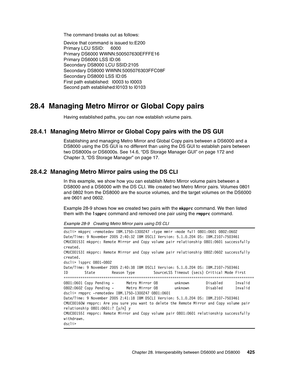 4 managing metro mirror or global copy pairs, 2 managing metro mirror pairs using the ds cli, Managing metro mirror or global copy pairs | 2 managing metro mirror pairs | IBM DS6000 User Manual | Page 449 / 578