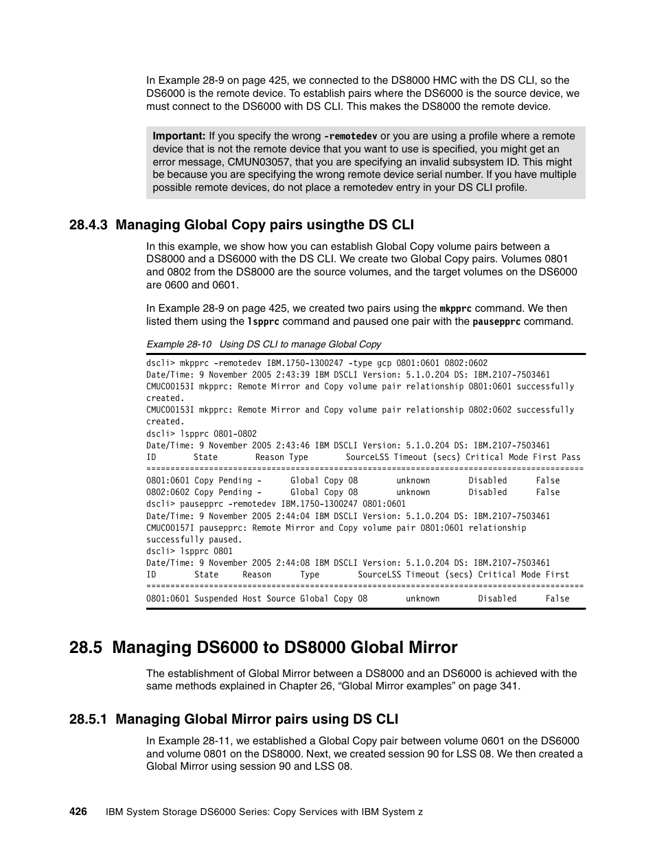 3 managing global copy pairs usingthe ds cli, 5 managing ds6000 to ds8000 global mirror, 1 managing global mirror pairs using ds cli | Managing ds6000 to ds8000 global mirror | IBM DS6000 User Manual | Page 450 / 578