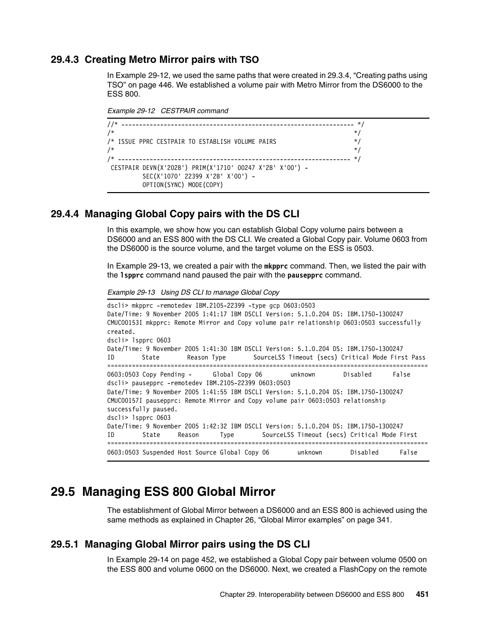 3 creating metro mirror pairs with tso, 4 managing global copy pairs with the ds cli, 5 managing ess 800 global mirror | 1 managing global mirror pairs using the ds cli, Managing ess 800 global mirror, 3 creating metro mirror pairs | IBM DS6000 User Manual | Page 475 / 578