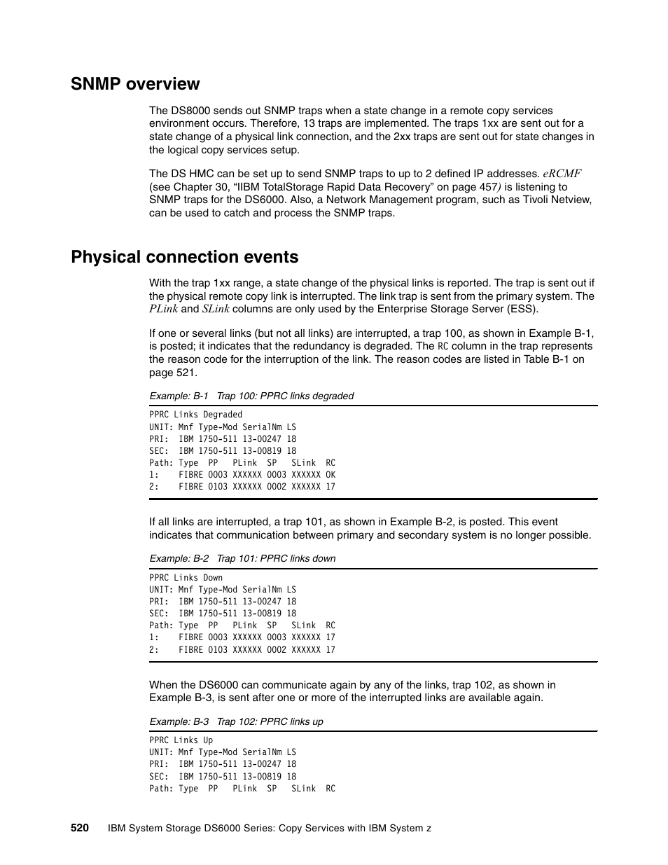 Snmp overview, Physical connection events, Snmp overview physical connection events | IBM DS6000 User Manual | Page 544 / 578