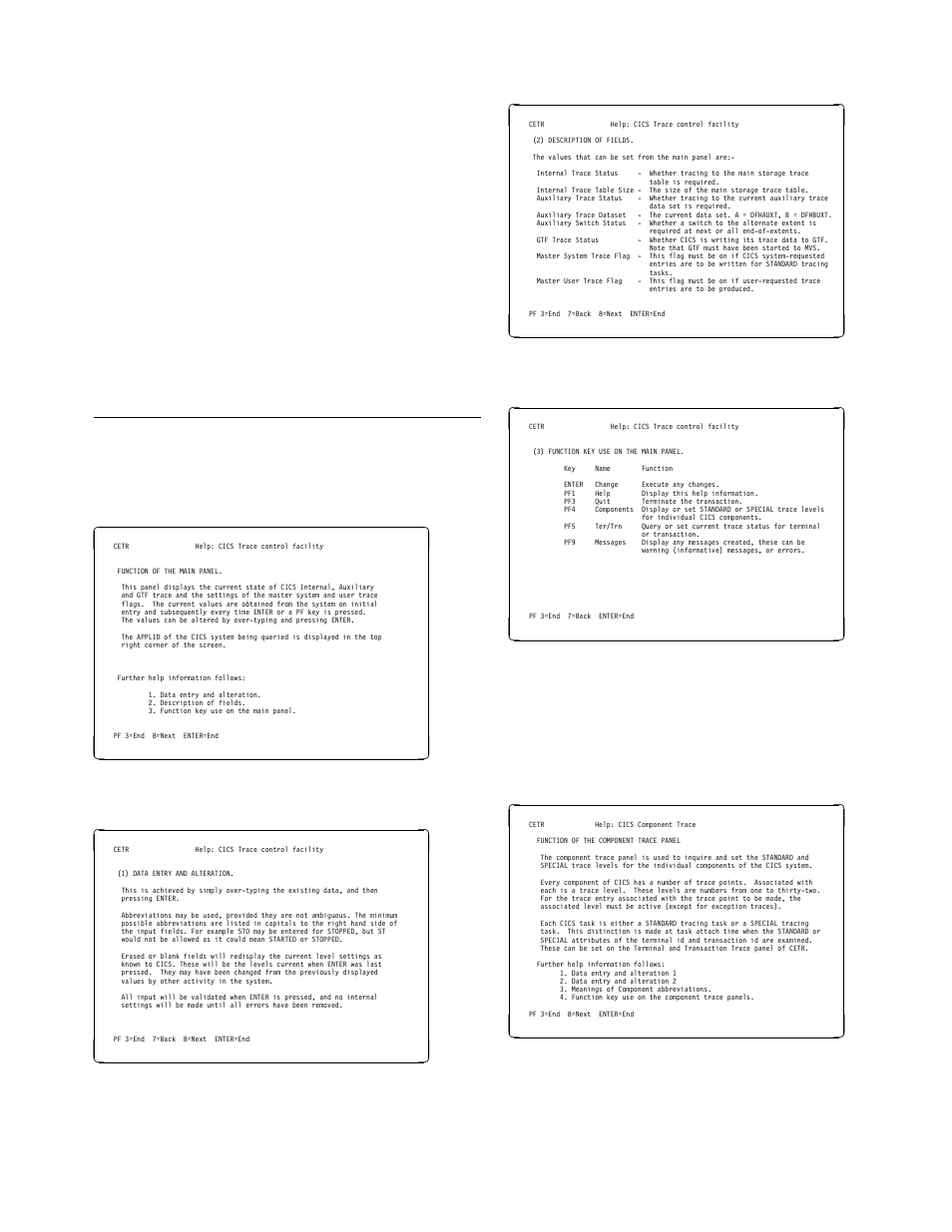 Help panels, Help panels for components, Cetr—trace control | Figure 148. cetr transaction: help panel (1), Figure 149. cetr transaction: help panel (2), Figure 150. cetr transaction: help panel (3), Figure 151. cetr transaction: help panel (4) | IBM CICS Transaction Server for OS/390 SC33-1686-02 User Manual | Page 241 / 317