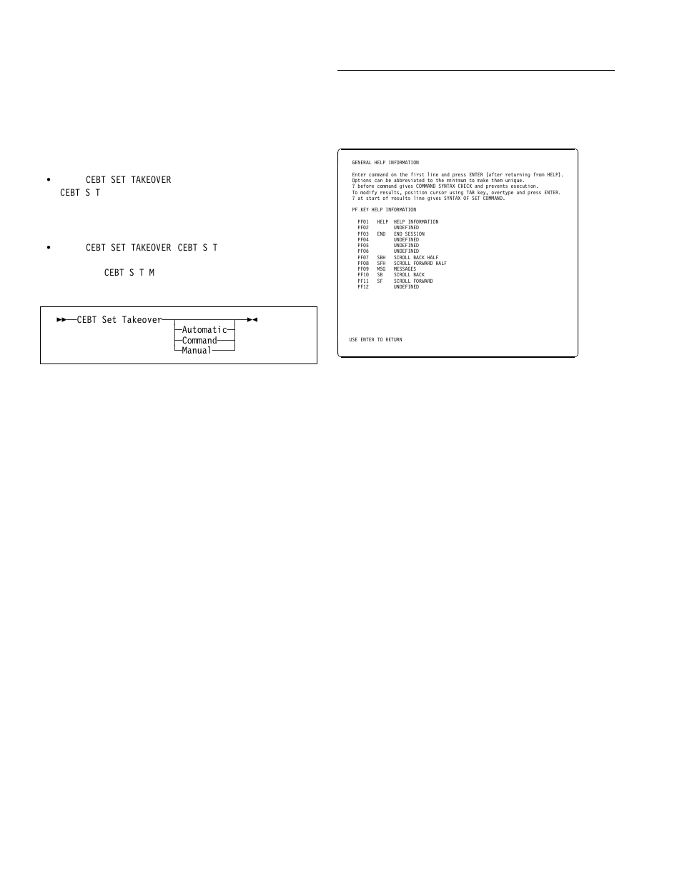 The help panel, Cebt set takeover, Function | Syntax, Options | IBM CICS Transaction Server for OS/390 SC33-1686-02 User Manual | Page 48 / 317