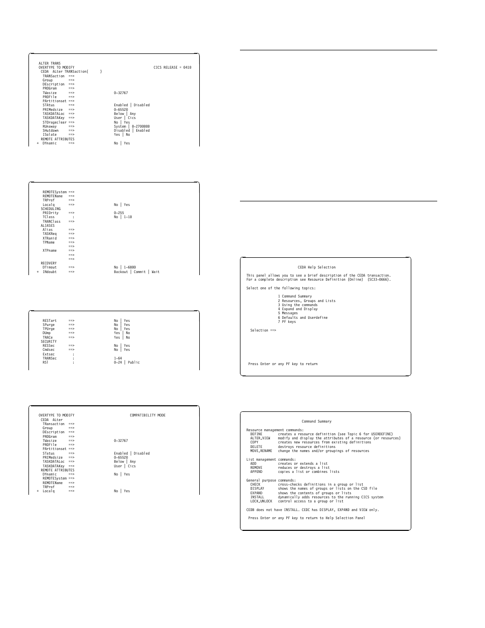 Security checking, Ceda help panels, Ceda—resource definition online | Figure 22. ceda transaction: normal panel, Figure 24. ceda transaction: normal panel (end), Figure 26. ceda transaction: initial help panel, Figure 27. ceda transaction: help panel 1, Cics supplied transactions | IBM CICS Transaction Server for OS/390 SC33-1686-02 User Manual | Page 56 / 317