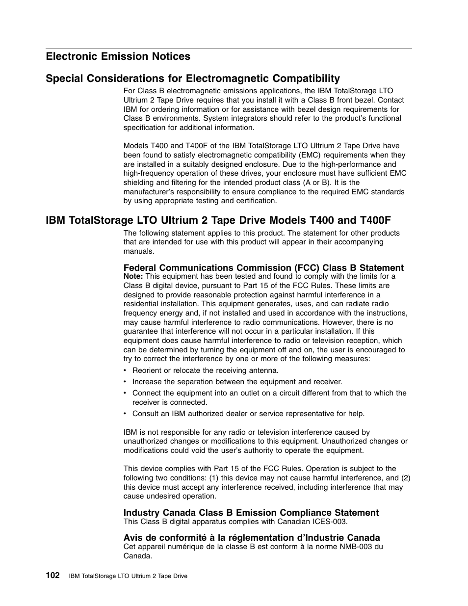 Electronic emission notices | IBM TotalStorage LTO Ultrium T400F User Manual | Page 114 / 136