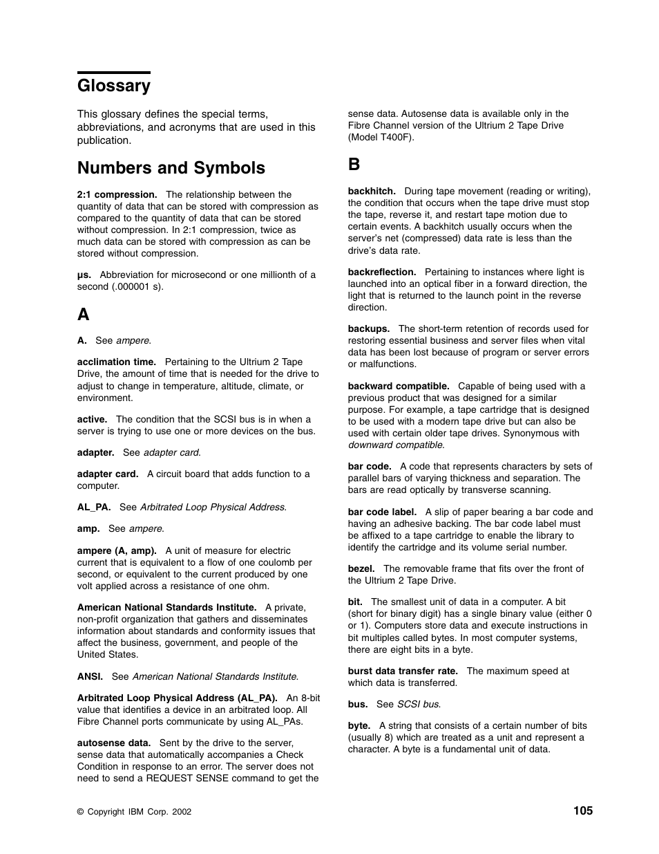 Glossary, Numbers and symbols | IBM TotalStorage LTO Ultrium T400F User Manual | Page 117 / 136