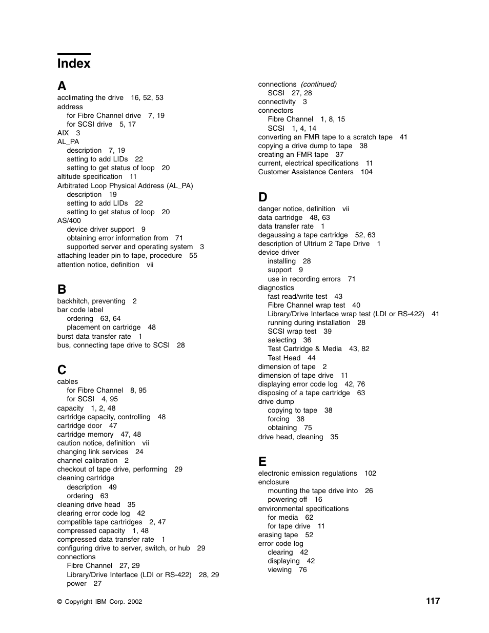 Index, Index a | IBM TotalStorage LTO Ultrium T400F User Manual | Page 129 / 136