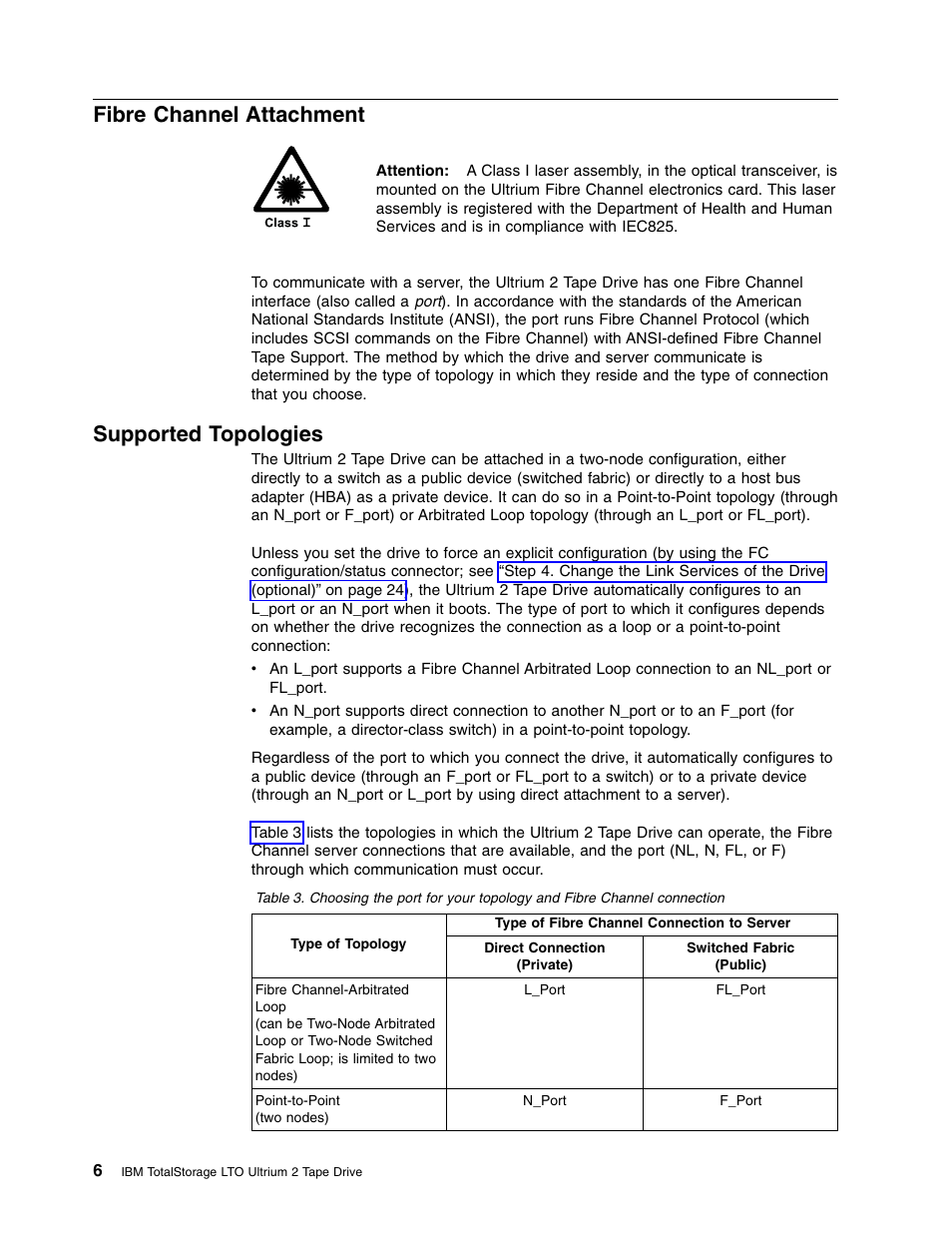 Fibre channel attachment, Supported topologies | IBM TotalStorage LTO Ultrium T400F User Manual | Page 18 / 136