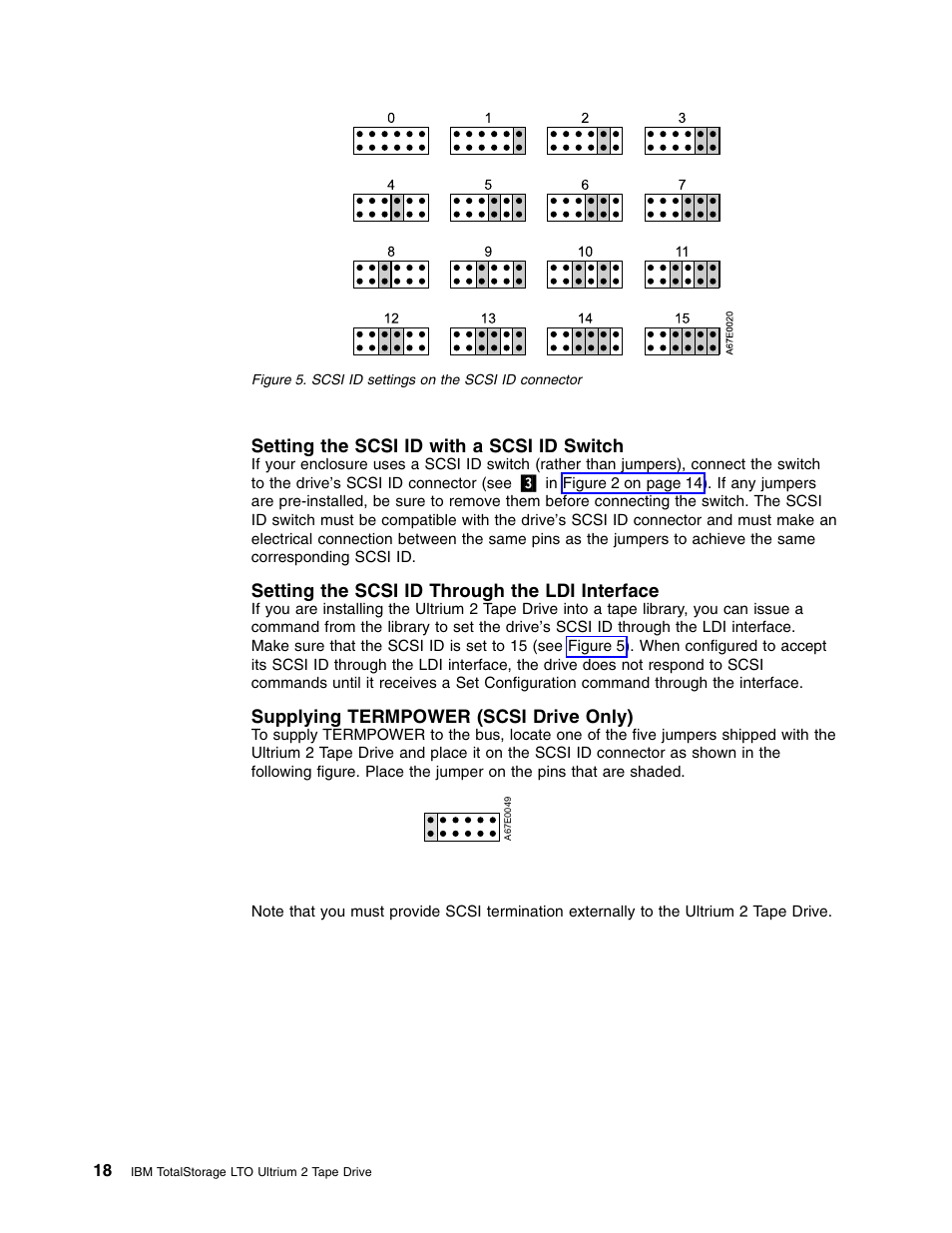 Setting the scsi id with a scsi id switch, Setting the scsi id through the ldi interface, Supplying termpower (scsi drive only) | IBM TotalStorage LTO Ultrium T400F User Manual | Page 30 / 136