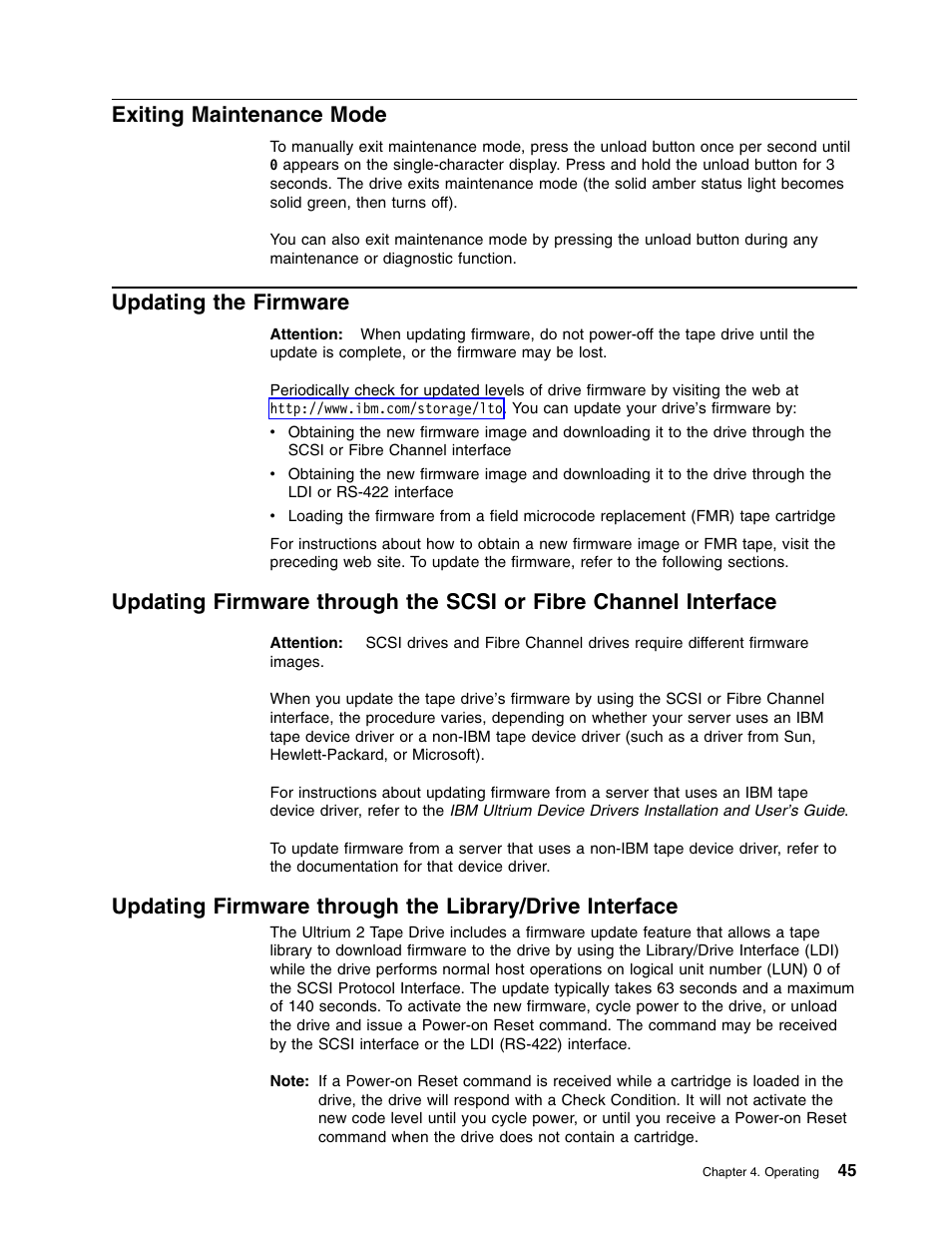 Exiting maintenance mode, Updating the firmware | IBM TotalStorage LTO Ultrium T400F User Manual | Page 57 / 136