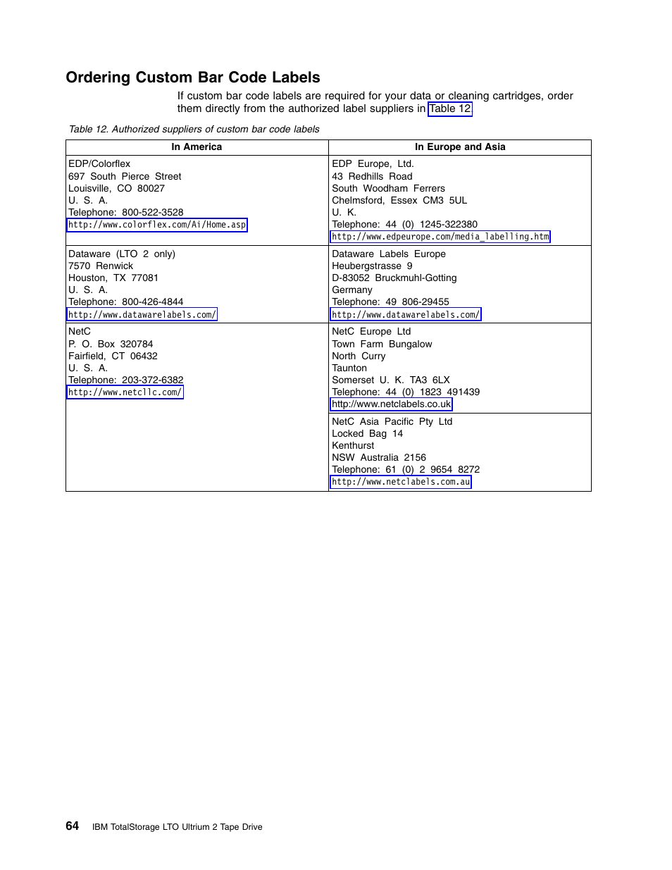 Ordering custom bar code labels | IBM TotalStorage LTO Ultrium T400F User Manual | Page 76 / 136