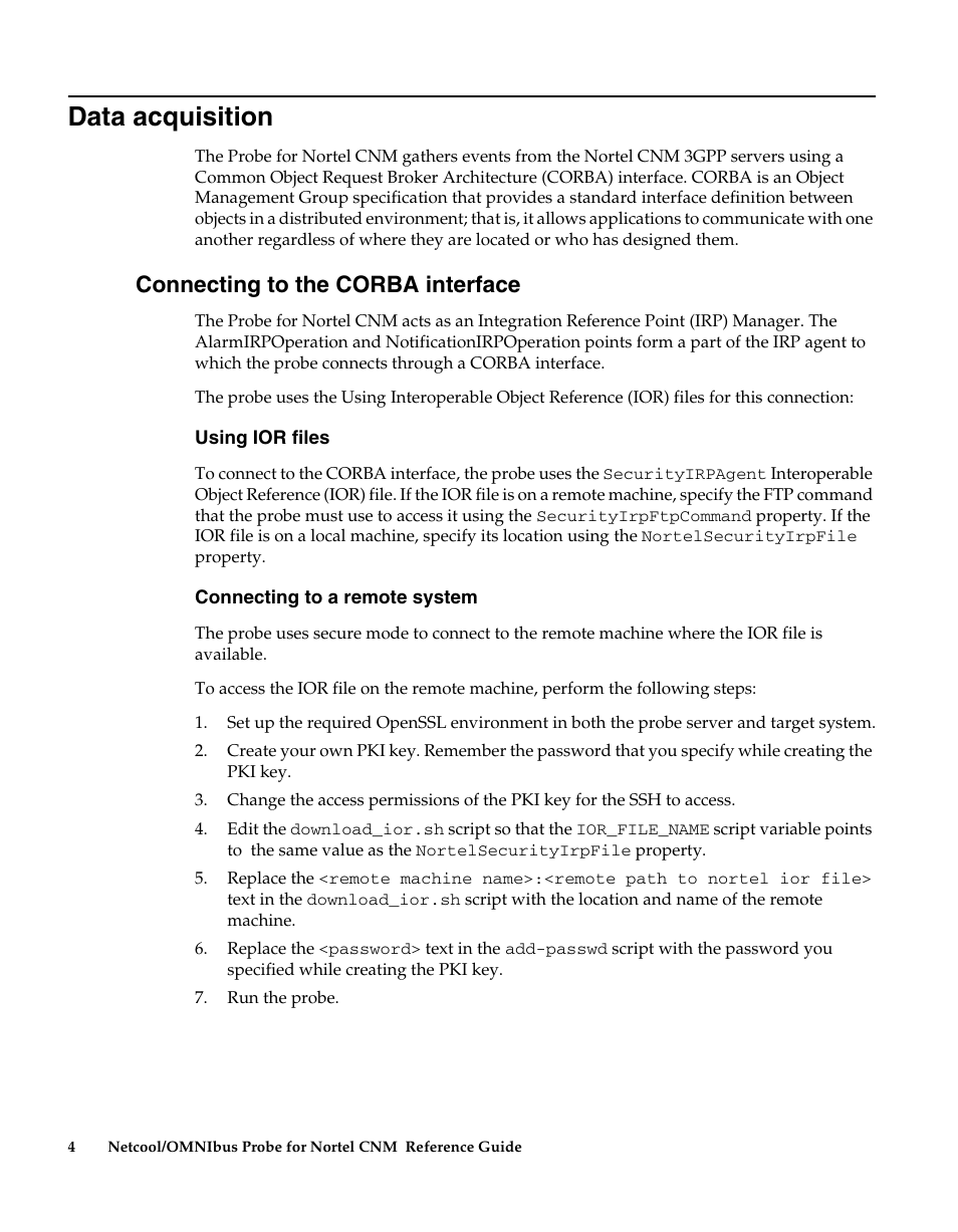Data acquisition, Connecting to the corba interface | IBM Netcool/OMNIbus Probe for Nortel CNM User Manual | Page 10 / 34