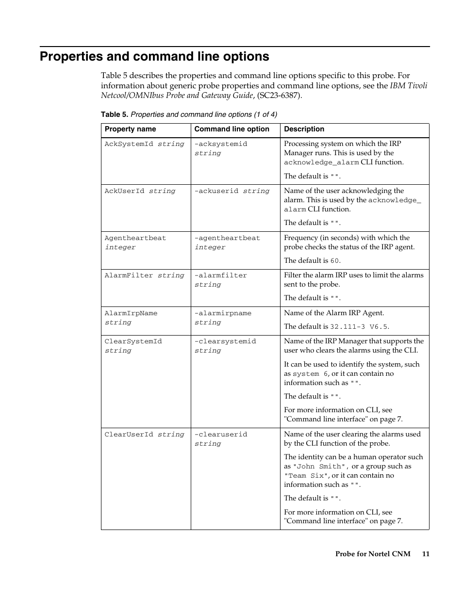 Properties and command line options | IBM Netcool/OMNIbus Probe for Nortel CNM User Manual | Page 17 / 34