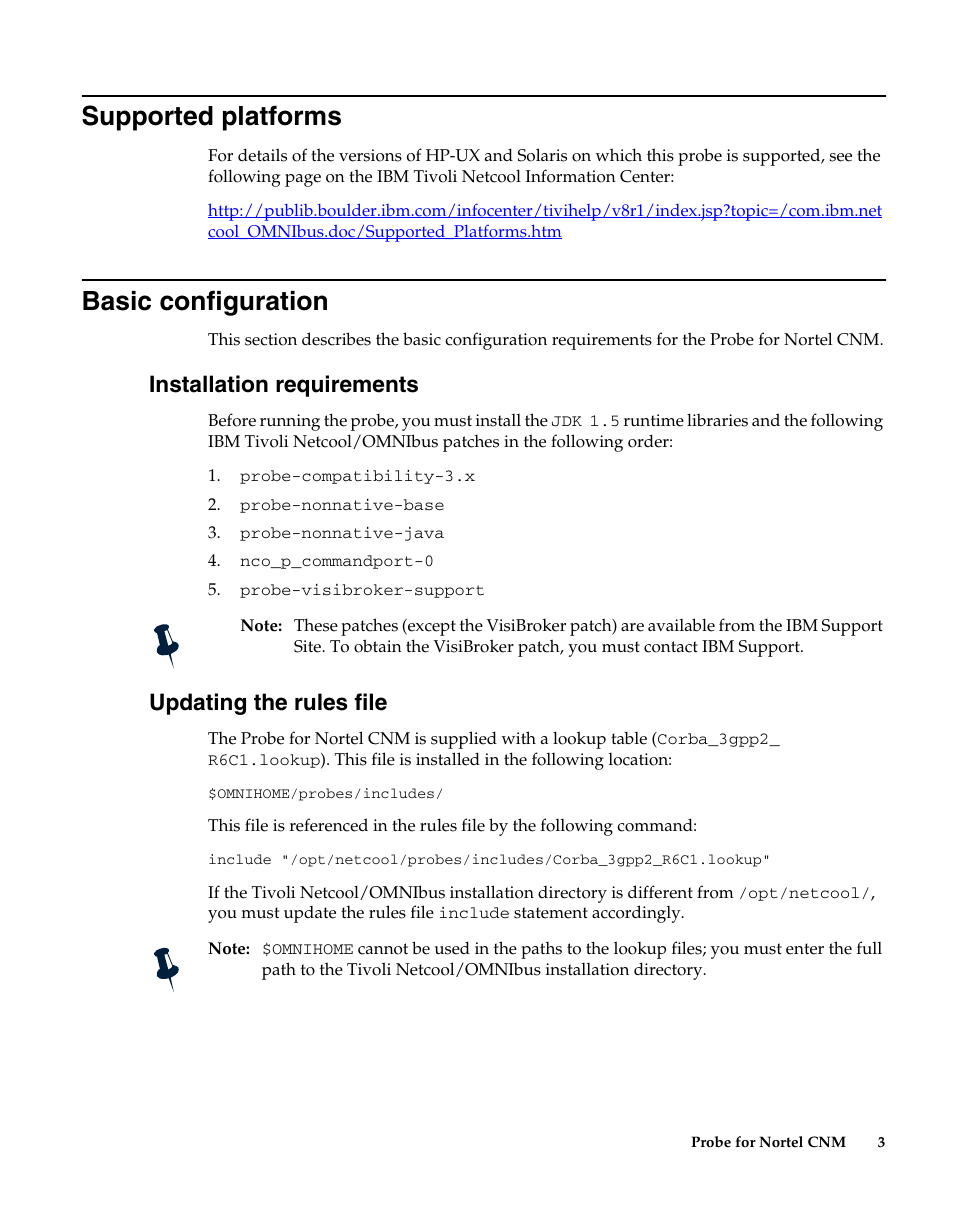 Supported platforms, Basic configuration, Installation requirements | Updating the rules file, Installation requirements updating the rules file | IBM Netcool/OMNIbus Probe for Nortel CNM User Manual | Page 9 / 34