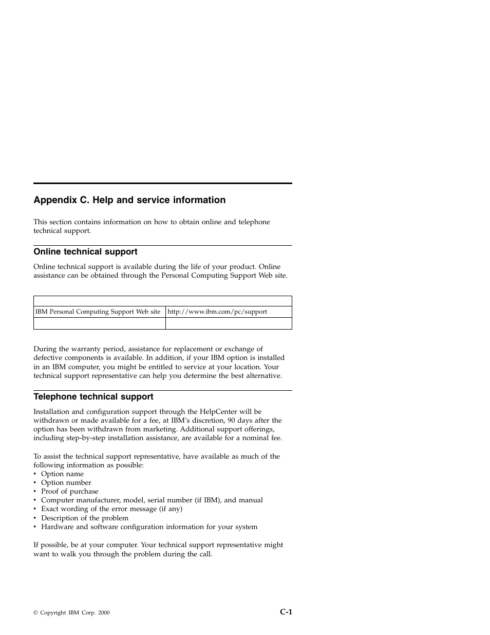 Appendix c. help and service information, Online technical support, Telephone technical support | IBM 71P7279 User Manual | Page 107 / 128