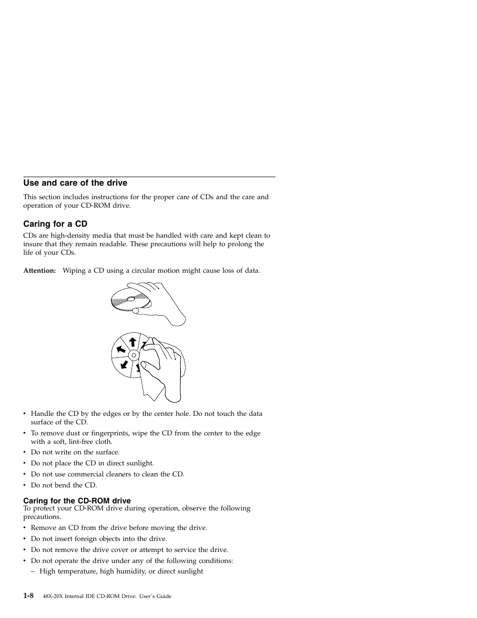 Use and care of the drive, Caring for a cd | IBM 71P7279 User Manual | Page 16 / 128