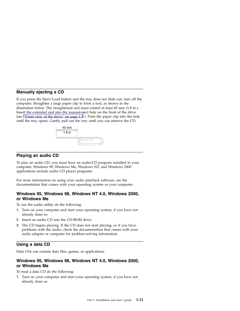Manually ejecting a cd, Playing an audio cd, Using a data cd | IBM 71P7279 User Manual | Page 19 / 128