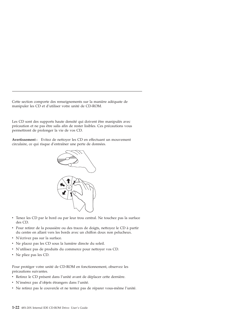 Précautions d'utilisation, Précautions d’utilisation, Manipulation des cd | IBM 71P7279 User Manual | Page 30 / 128