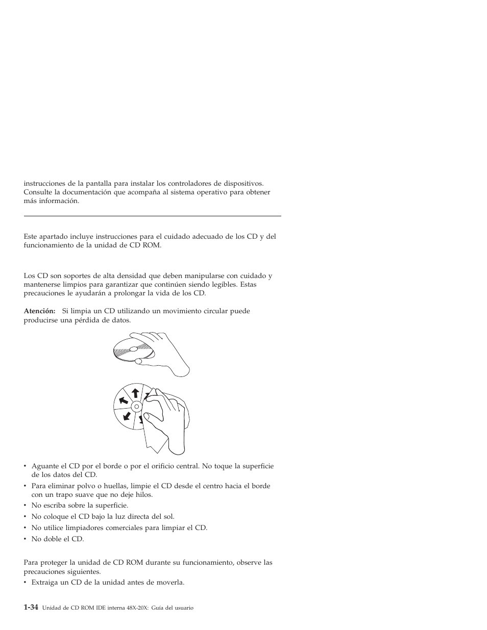 Utilización y cuidado de la unidad, Cuidado de un cd | IBM 71P7279 User Manual | Page 42 / 128