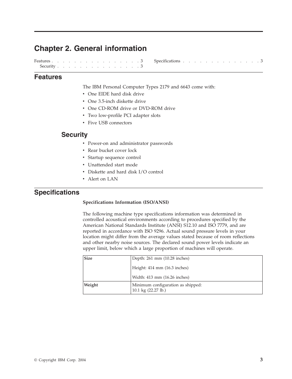 Chapter 2. general information, Features, Security | Specifications, Chapter, General, Information | IBM 6643 User Manual | Page 11 / 128